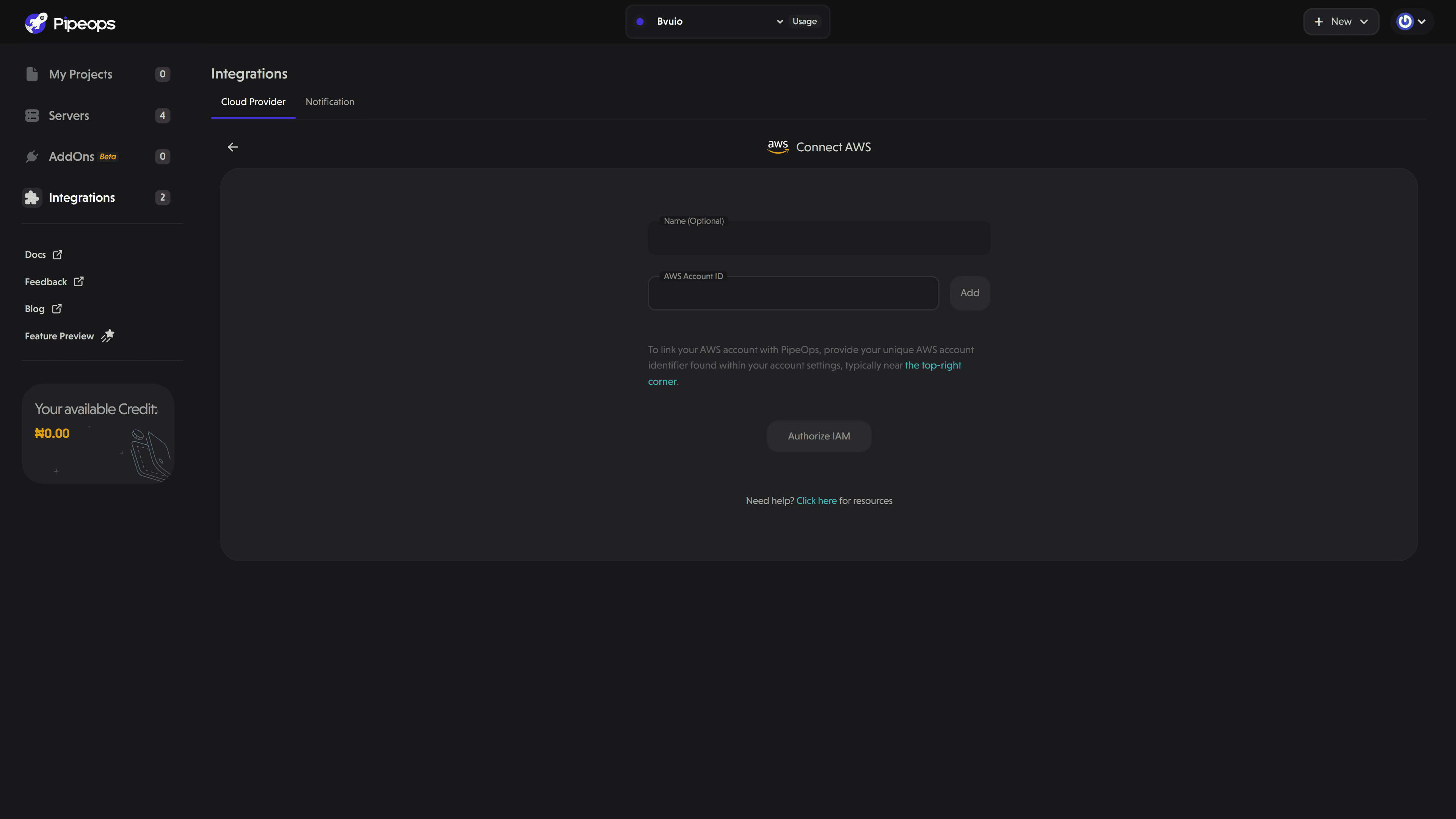 AWS Connection screen