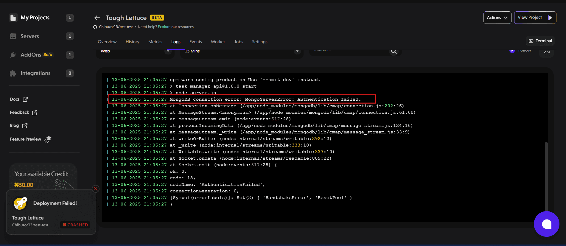 Logs error