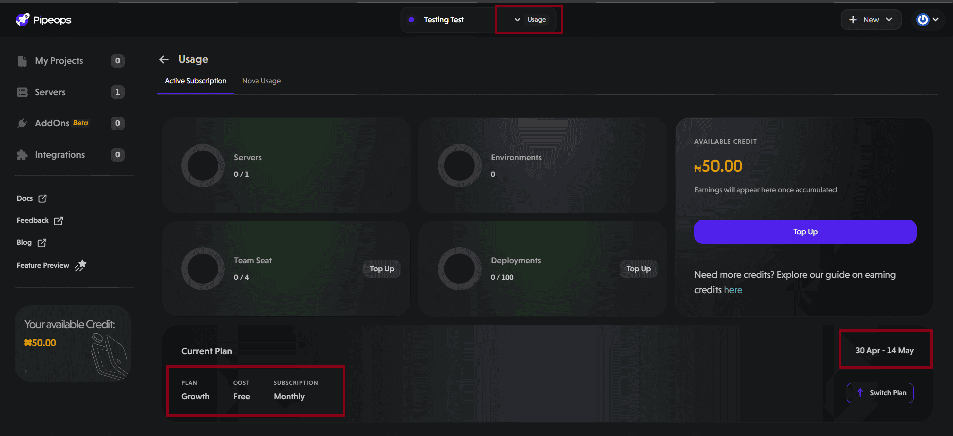 Usage dashboard